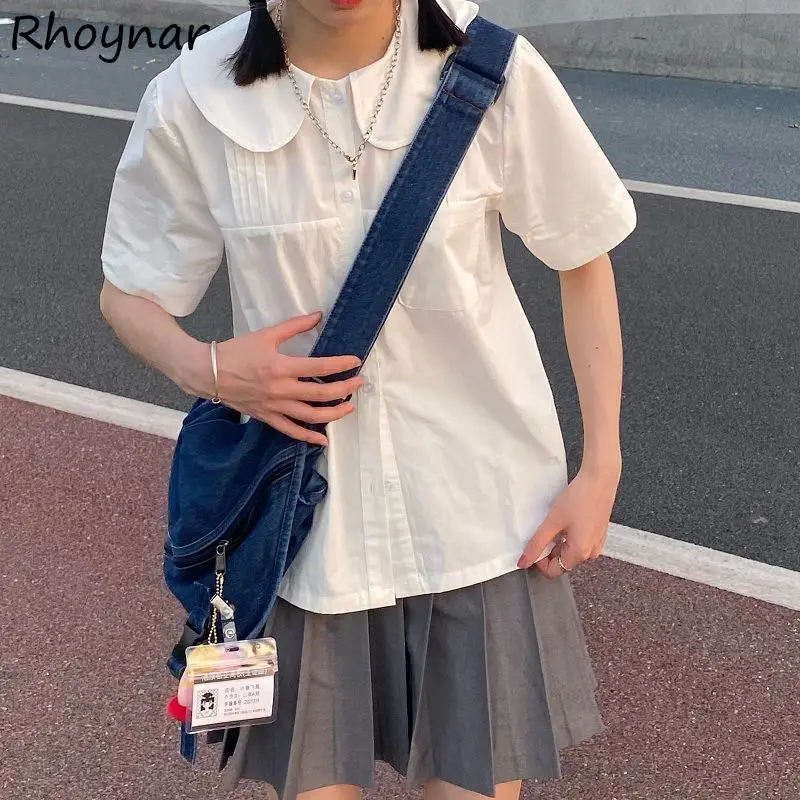 

Shirts Women All-match Solid Cozy Peter Pan Collar Minimalist Preppy Style Kawaii Girls Streetwear Simple Summer Leisure Ladies