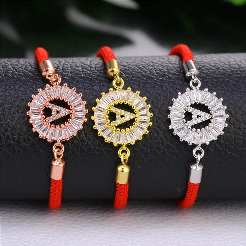 

JUWANG 2021 New Fashion Red Rope Chain Bracelets Jewelry AAA Cubic Zirconia 26 Letters Charms Bracelets For Women Girls Gifts