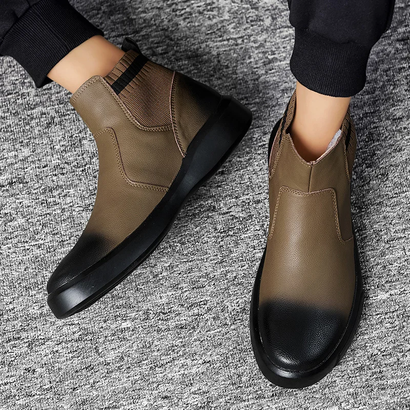 Мужские зимние ботинки челси черные из спилка мужская обувь теплые плюшевые