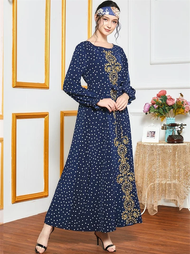 

Polka Dot Турция Дубайский Арабский платье для женщин с длинными рукавами элегантное платье в этническом стиле золотая нить вышивка макси плат...