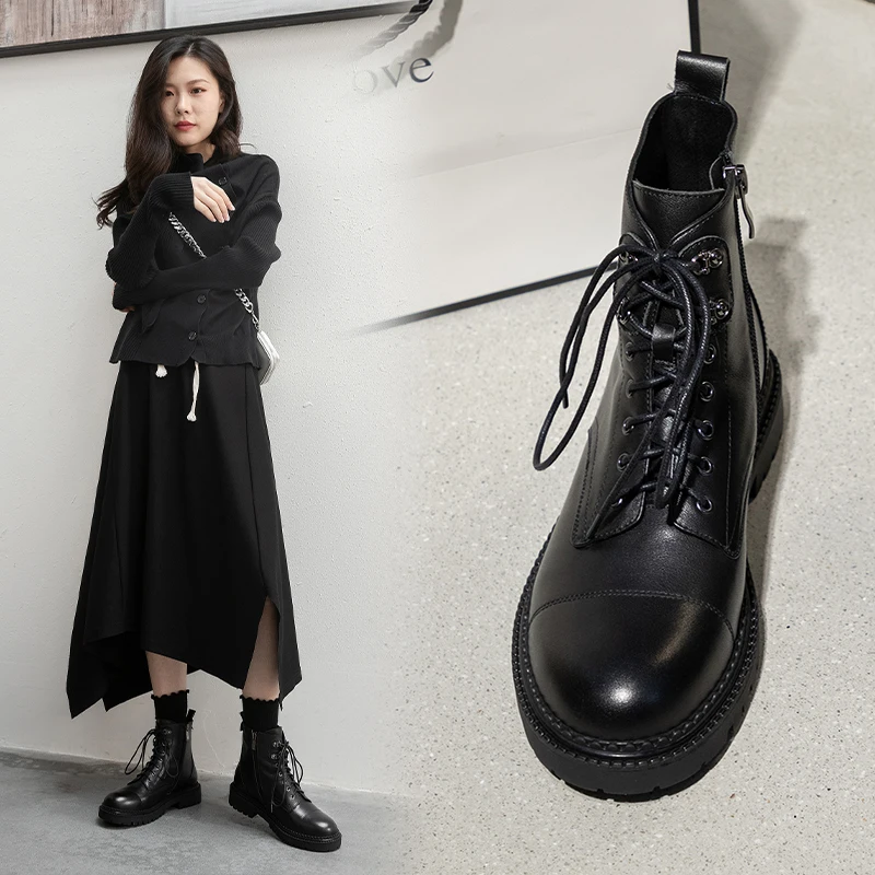 

New Genuine Leather Women Boots Round Toe Lace-Up Ankle Boots for Women Platform Fashion Zipper Handmade Shoes Woman Cross-tied