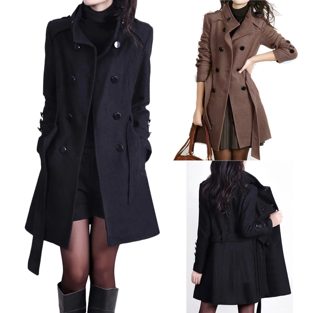 

Plus Size Europe Style Female ladies Autumn Woolen Coats Coat Long Sleeve Winter Women Pockets Slim Fit Parkas