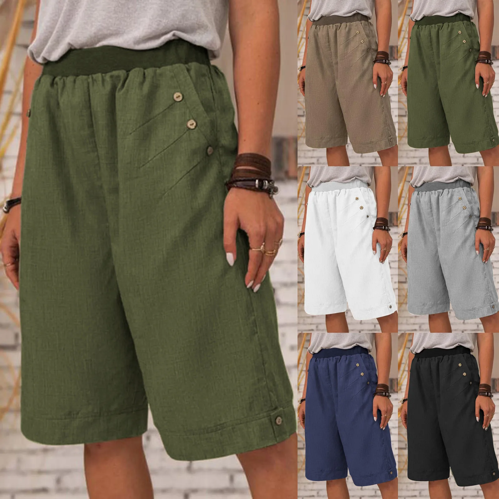

Summer Straight Shorts Women High Waist Cotton Linen Half-length Shorts Streetwear Casual Loose Female Pockets Solid Bottoms