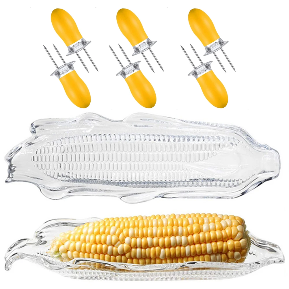 

BBQ Tools 2PCS Corn Trays + 8PCS Corn Cob Holders Plastic Corn Dishes Service Tray Transparent Cob Dinnerware for Butter Corn