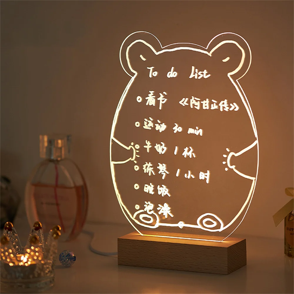 New Creative Cute Bear Transparent Usb Acrylic Daily Note Board Message Memo Board With Wood Stand Holder For Desktop Decoration