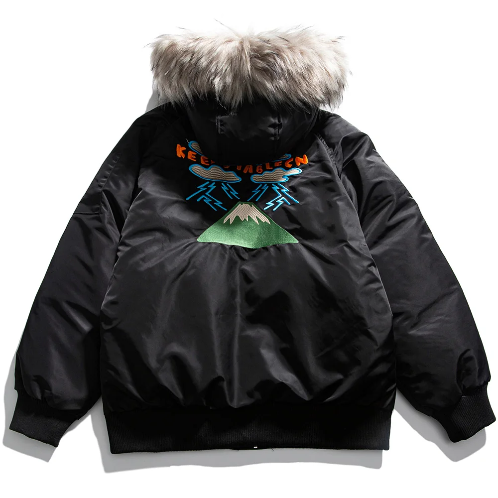 Aolamegs Winter Jacket Men Cute Embroidery Graphic Thick Hooded Bomber Coat High Street Cool Fashion Warm Outwear Men Streetwear