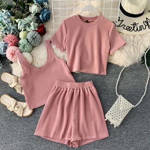 pink Korobov/Модный женский комплект из 3 предметов, однотонные корейские костюмы, футболка и майка и шорты, летний трикотажный эластичный спортивный костюм 78746 - Цвет: pink