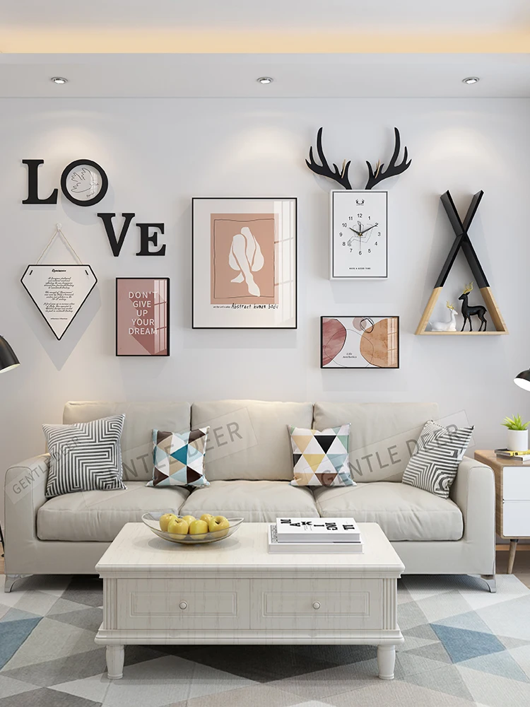 

Modern family minimalist photo wall album set suitable for home decoration living room sofa background with frame and wall clock