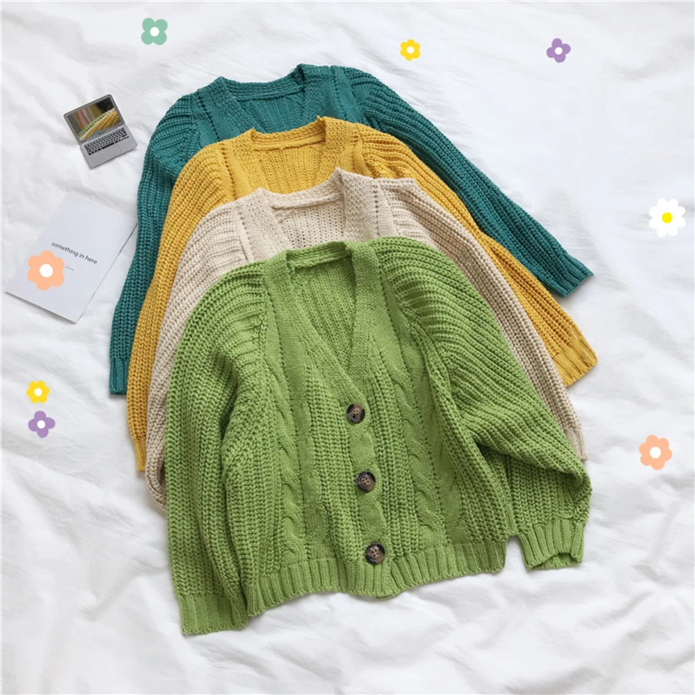 

Simple Sexy Forefair V-Neck Female's Cardigan Solid Color Button Lantern Sleeve Female Sweater Autumn Winter Casual Knit