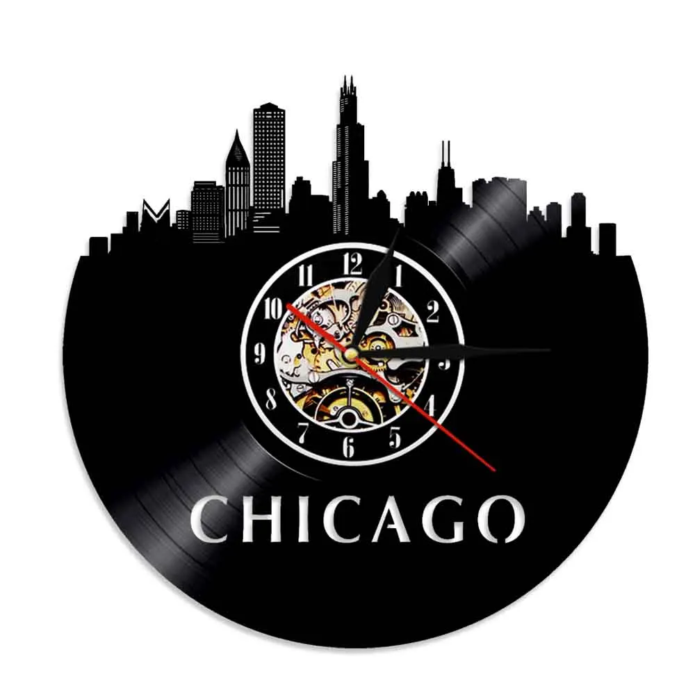 

Chicago Illinois Skyline Wall Clock USA Skyscrapers Home Office Decor Chicago Cityscape Carved Album Vinyl Music Record Clock