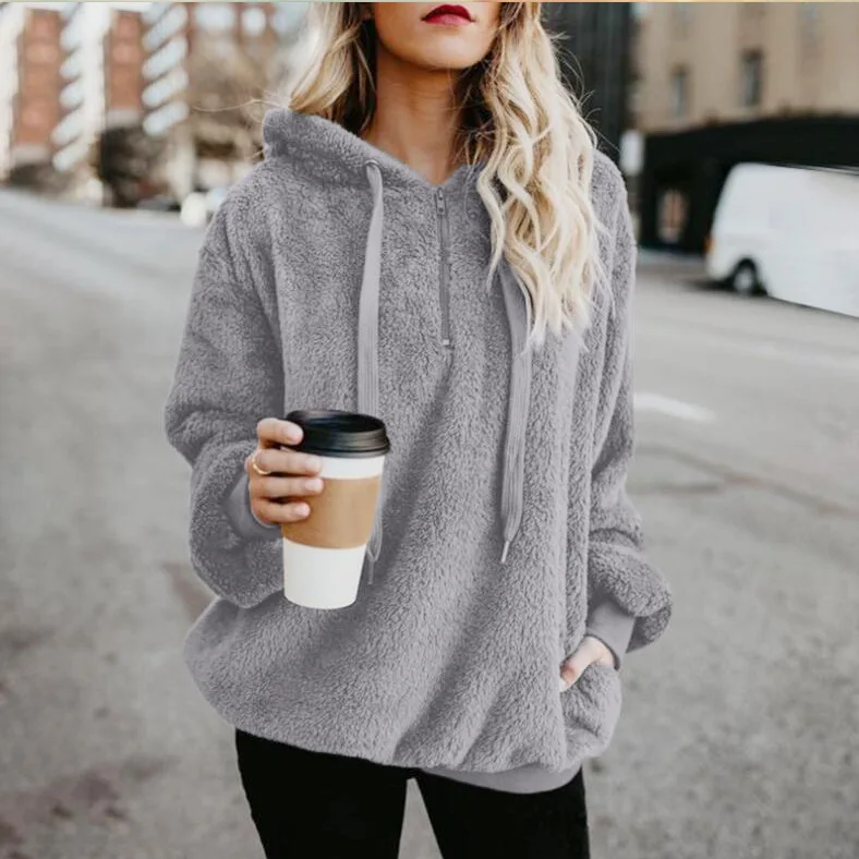 Light Grey Зимние теплые Повседневное двойной Fuzzy 1/4 толстовка на молнии из искусственного флиса карман с длинным рукавом безразмерная подстежка на искусственном меху, пуловер с капюшоном пальто, верхняя одежда - Цвет: Light Grey