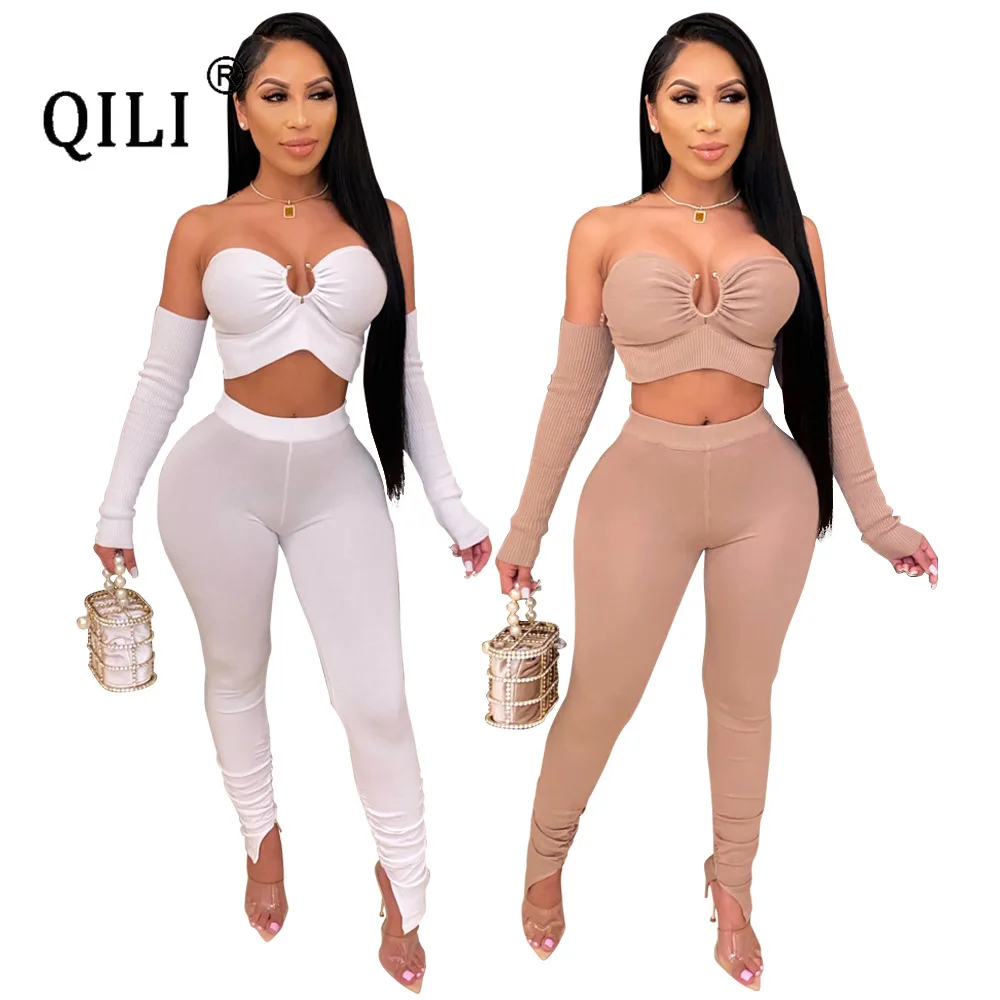 

QILI Sexy Strapless Long Sleeve Womens 2 Piece Outfits White Khaki Elasticity Top and Pants Sets Outfits Party Club Wear