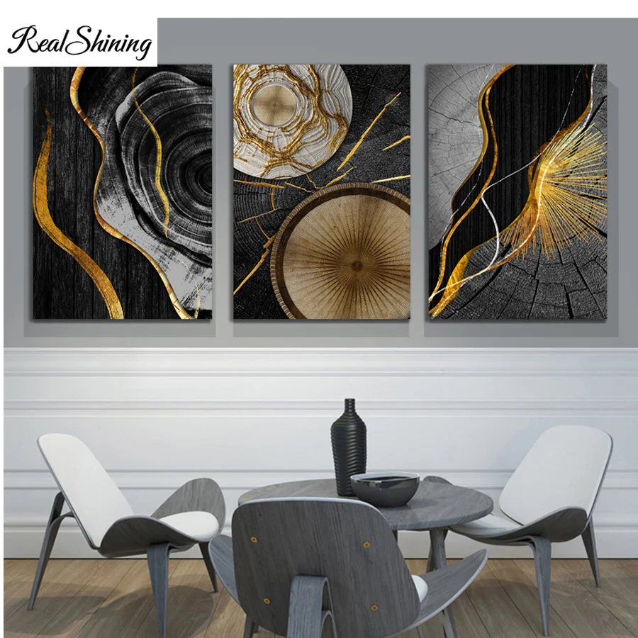 

Golden and Black Abstract 3 piece diamond painting Full square diamond embroidery round of drill mosaic Triptych,F930