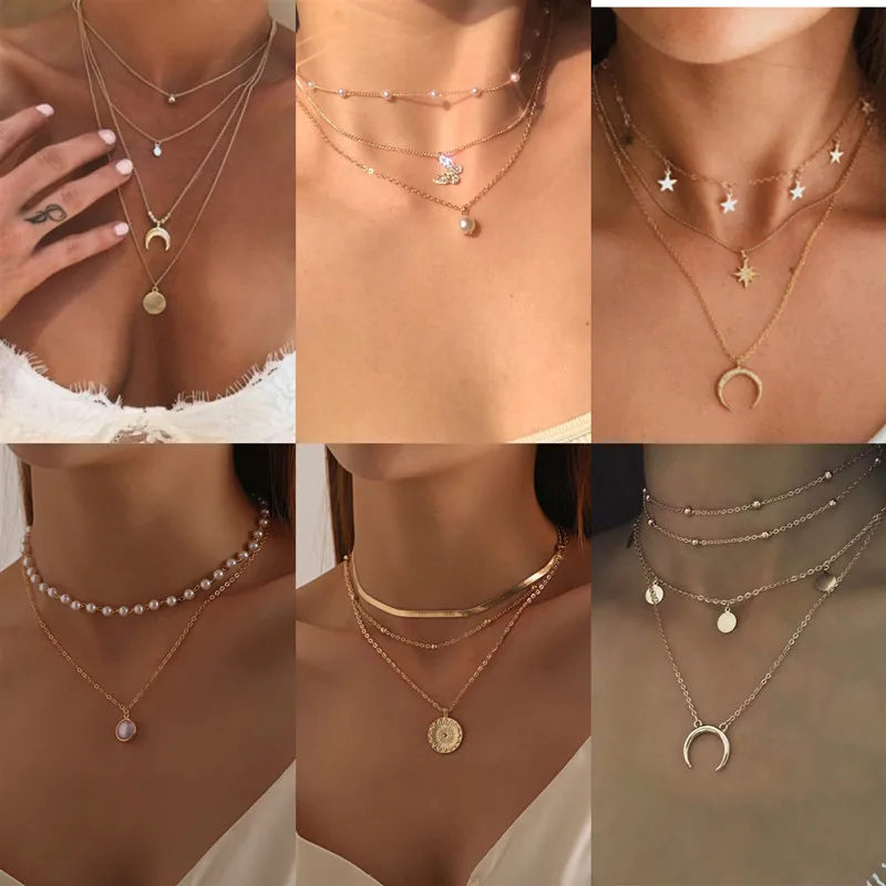 

2021 Gold Silver Color Chain Pendant Round Necklace for Women Temperament Simple Layered Charm Choker Necklace Boho Jewelry Gift