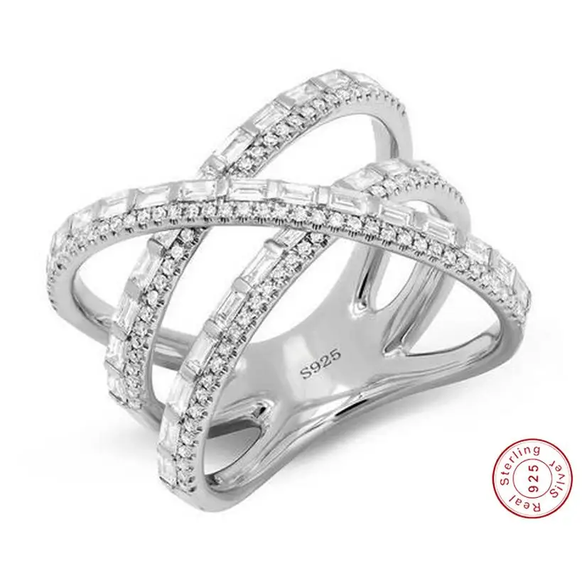 

Original 925 Sterling Silver Cross Line Ring T shape AAAAA cz Engagement Wedding Band Rings for women Bridal Fine Party Jewelry