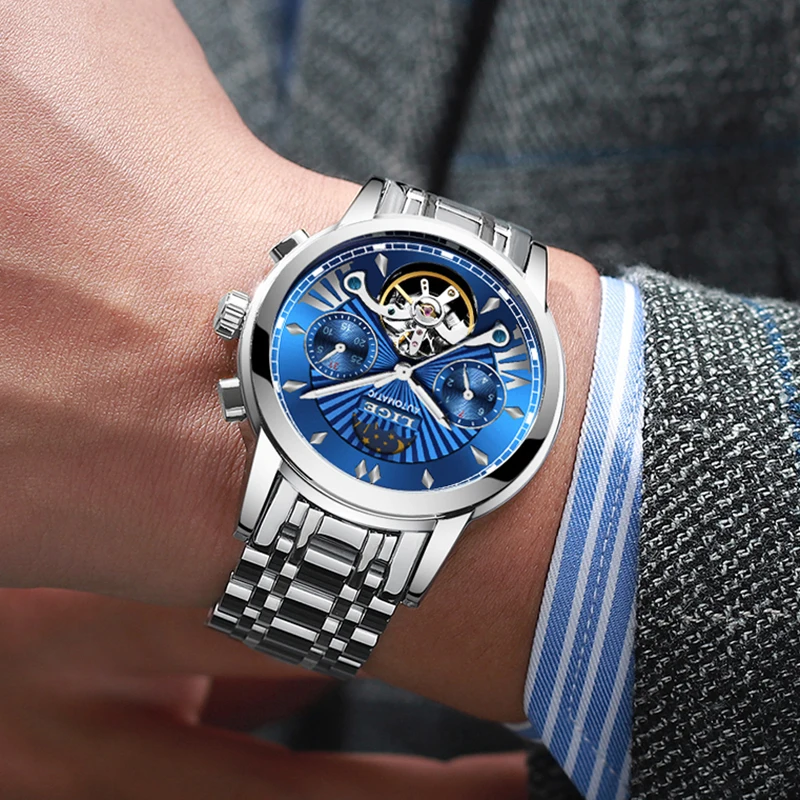 LIGE Роскошные автоматические механические мужские часы Классические деловые