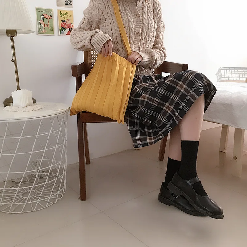

Knitted Fabric Shoulder Bag Eco Reusable Shopping Bags Large Capacity Students Books Bag Collapsible Pleated Tote for Girls