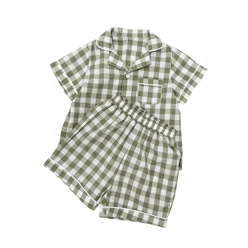 

2PCS WLG Boys Girls Pajama Set Kids Clothes Set Summer Plaid Short Sleeve Shirt and Shorts Set Baby Casual Pajamas