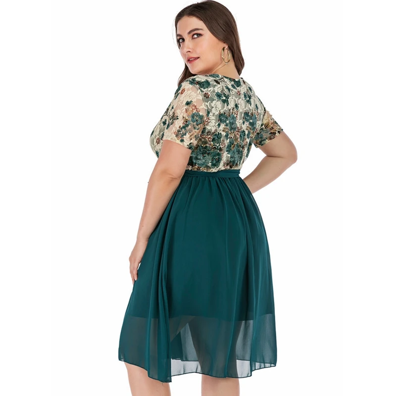

WEPBEL Dress Women's Casual Floral Printed Mesh Slim Fit Patchwork Dress Summer Short Sleeve Lace Up High Waist V-neck Dress