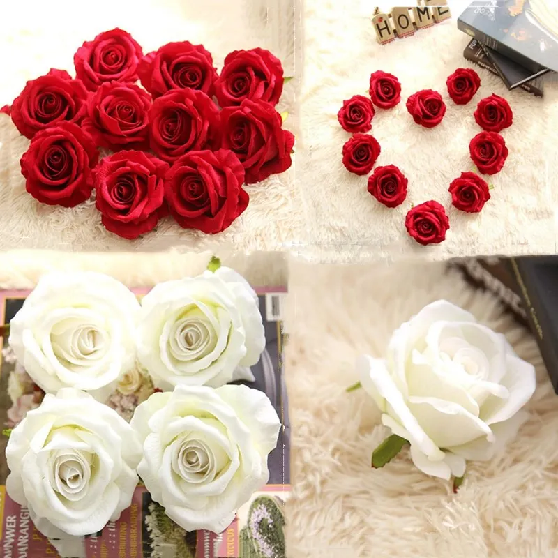 

11PCS Romantic Rose Artificial Flower Head Red White Silk Fake Flower Head for Party Home Wedding Decoration Valentine's Day