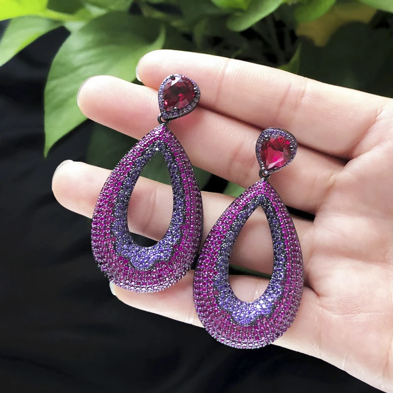 

ThreeGraces Luxury Hot Pink Purple Cubic Zirconia Crystal Long Big Dangle Drop Earrings for Ladies New Trendy Prom Jewelry ER721