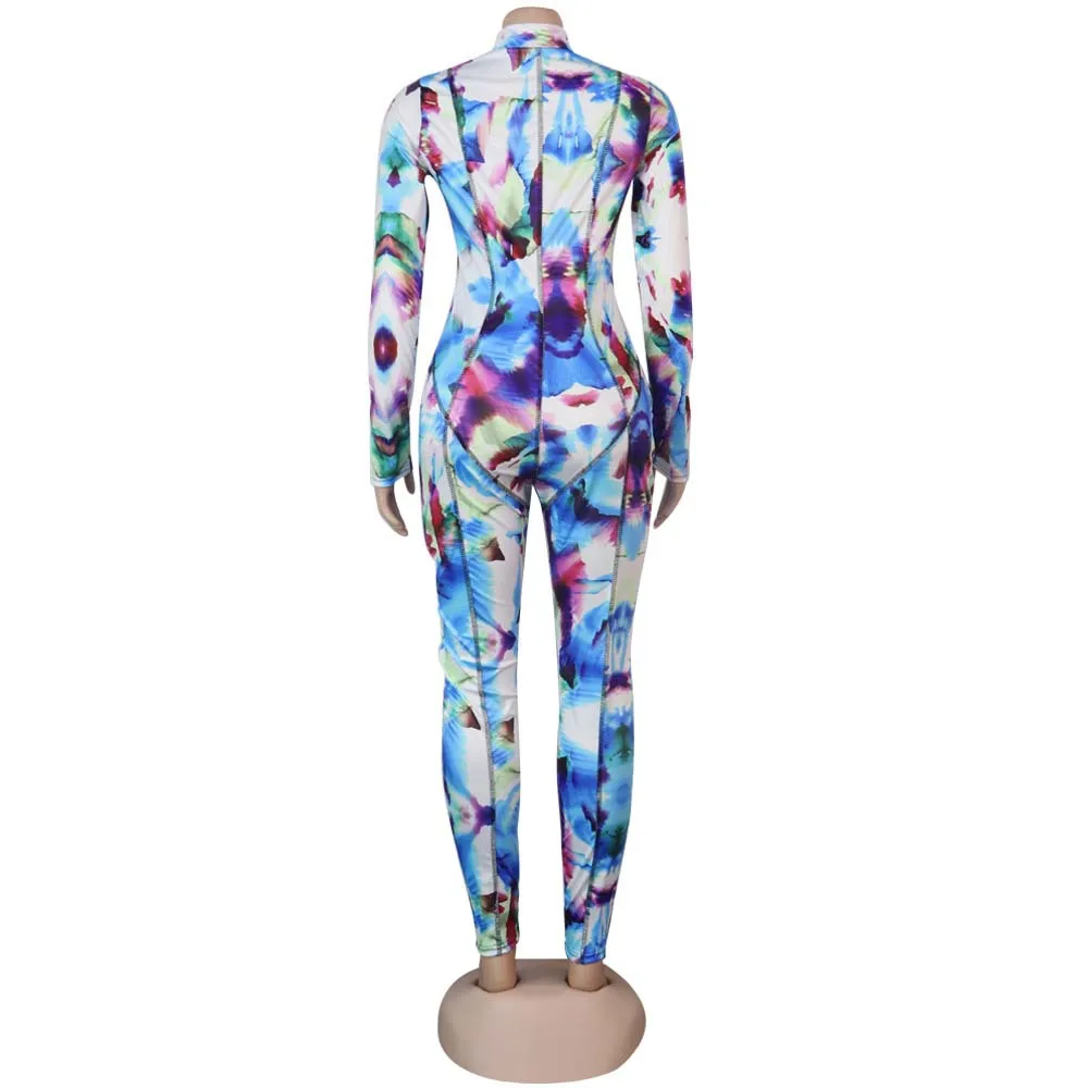 

Chiclover Sexy Zipper Jumpsuit Women Tie Dye Print Bodysuit Casual Tracksuit one Piece Outfit Patchwork Trouser Romper Wholesale