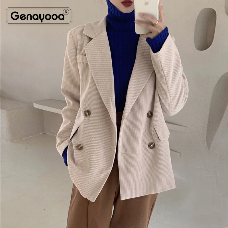 Genayooa 8 цветов повседневный двубортный пиджак для женщин винтажный офисная одежда