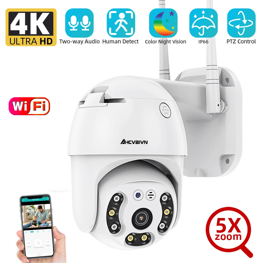

IP-камера наружная беспроводная, 4K, 8 Мп, Wi-Fi, PTZ