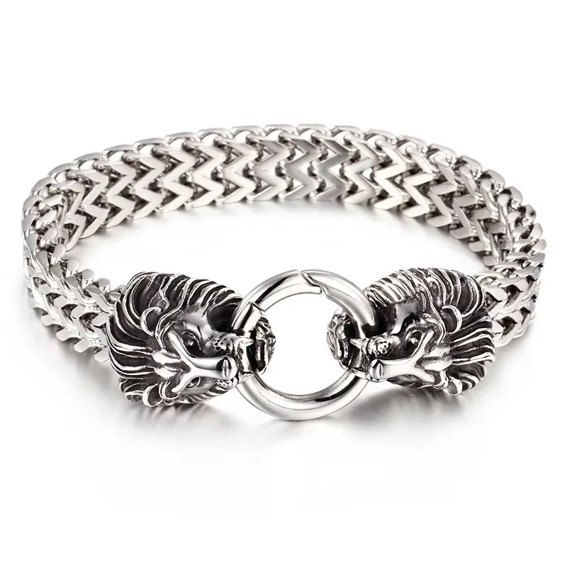 

MIQIAO Stainless Steel Titanium Lion Wolf Skull Punk Cuff Armband Bangles Wrist Chains Bracelet for Men Couple Friends Gift Kpop