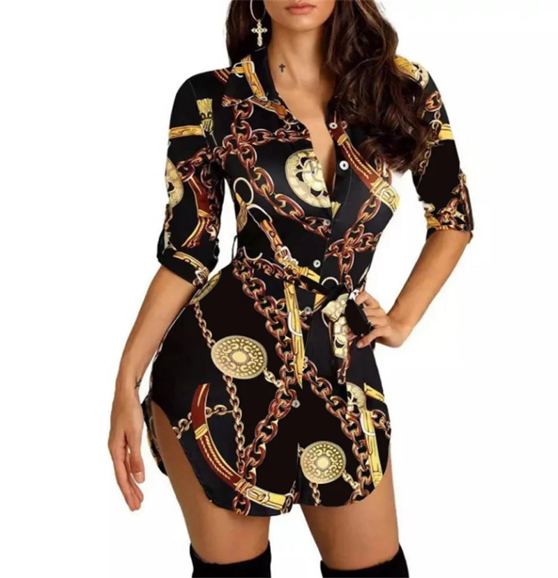 

Pregnant Women's Shirt Printed Skirt Waist Long Sleeve Lapel Sregnant Sexy Short Shirt Dress