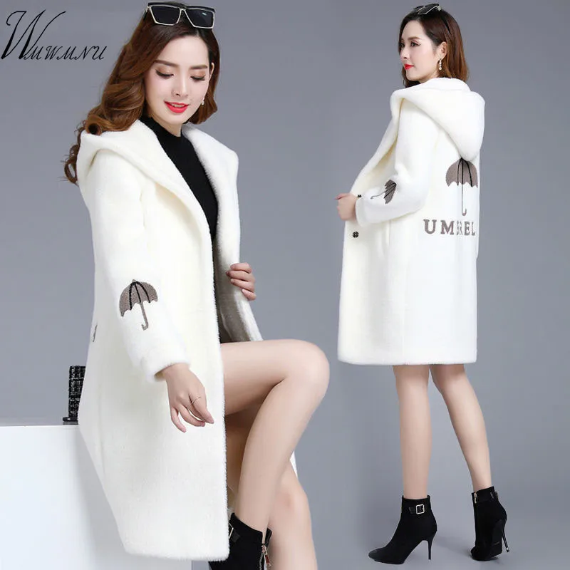 Пальто из искусственного меха на осень и зиму куртка с капюшоном Женская белая