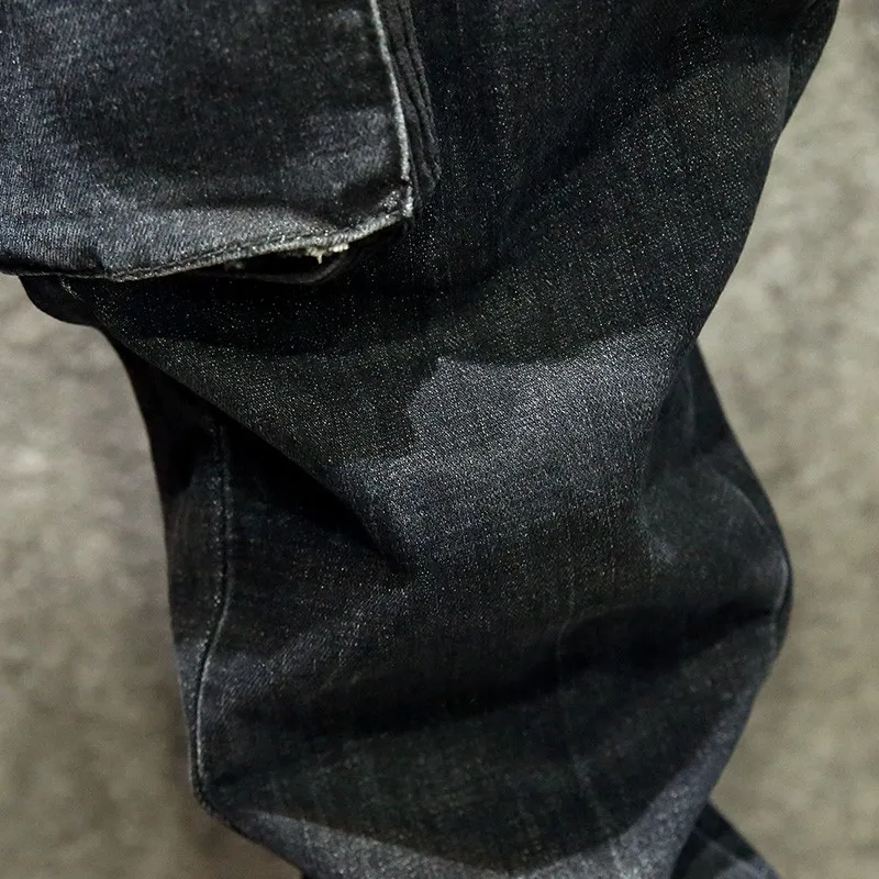 

Vintage Spring Loose Casual Full Length Trousers Straight Denim Pants Mens Drawstring Big Pockets Distressed Cargo Jeans Male