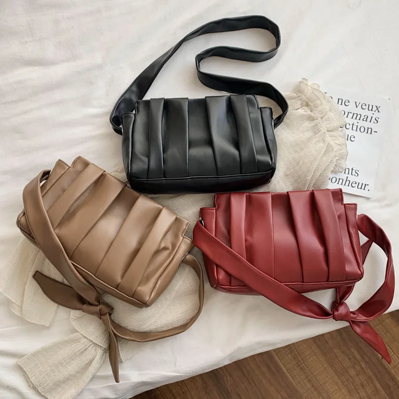

women's bag PU Flap Single Ruched Fashion Solid Hasp messenger bag ladies hand bags purse luxury handbags women bags designer