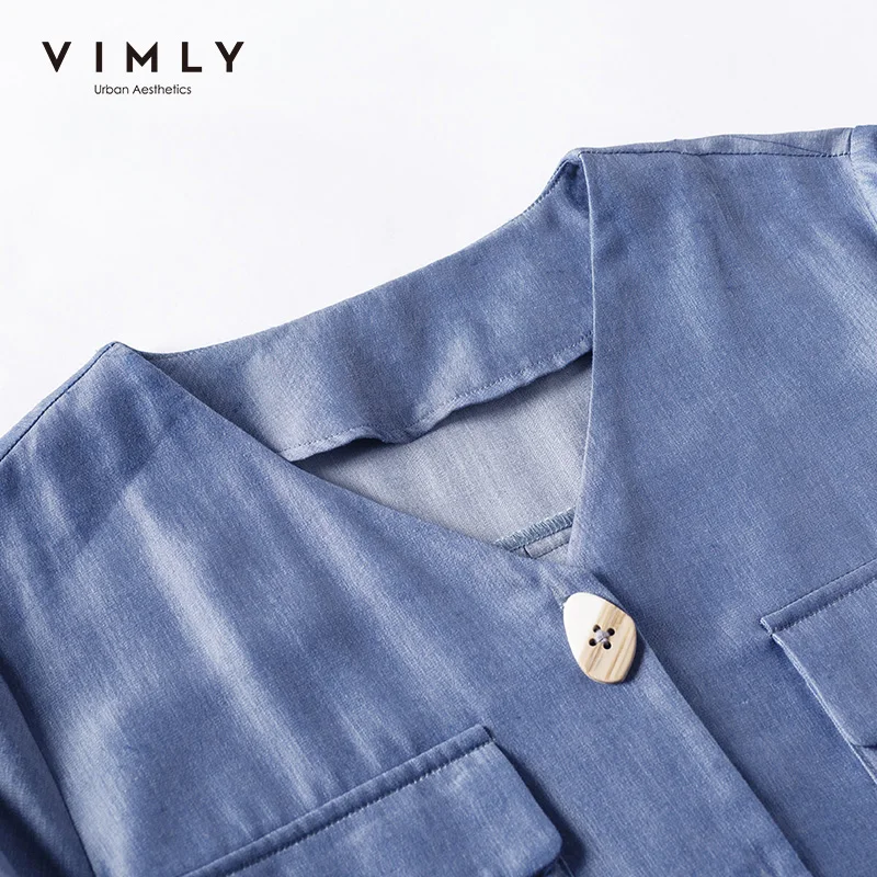 Женская блузка с v образным вырезом Vimly голубая однобортная в офисном стиле