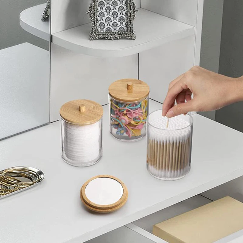 

Acrylic Storage Box Bathroom Accessories Jar Makeup Organizer Clear Cotton Swab Cotton Pad Storage with Bamboo Lid Dust-proof