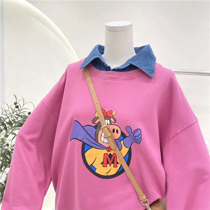 

Patchwork Denim Fake Two-Piece Cartoon Printing Loose Lapels Pullover Sweatshirt for Women Spring and Autumn Top Fashion Hoodie
