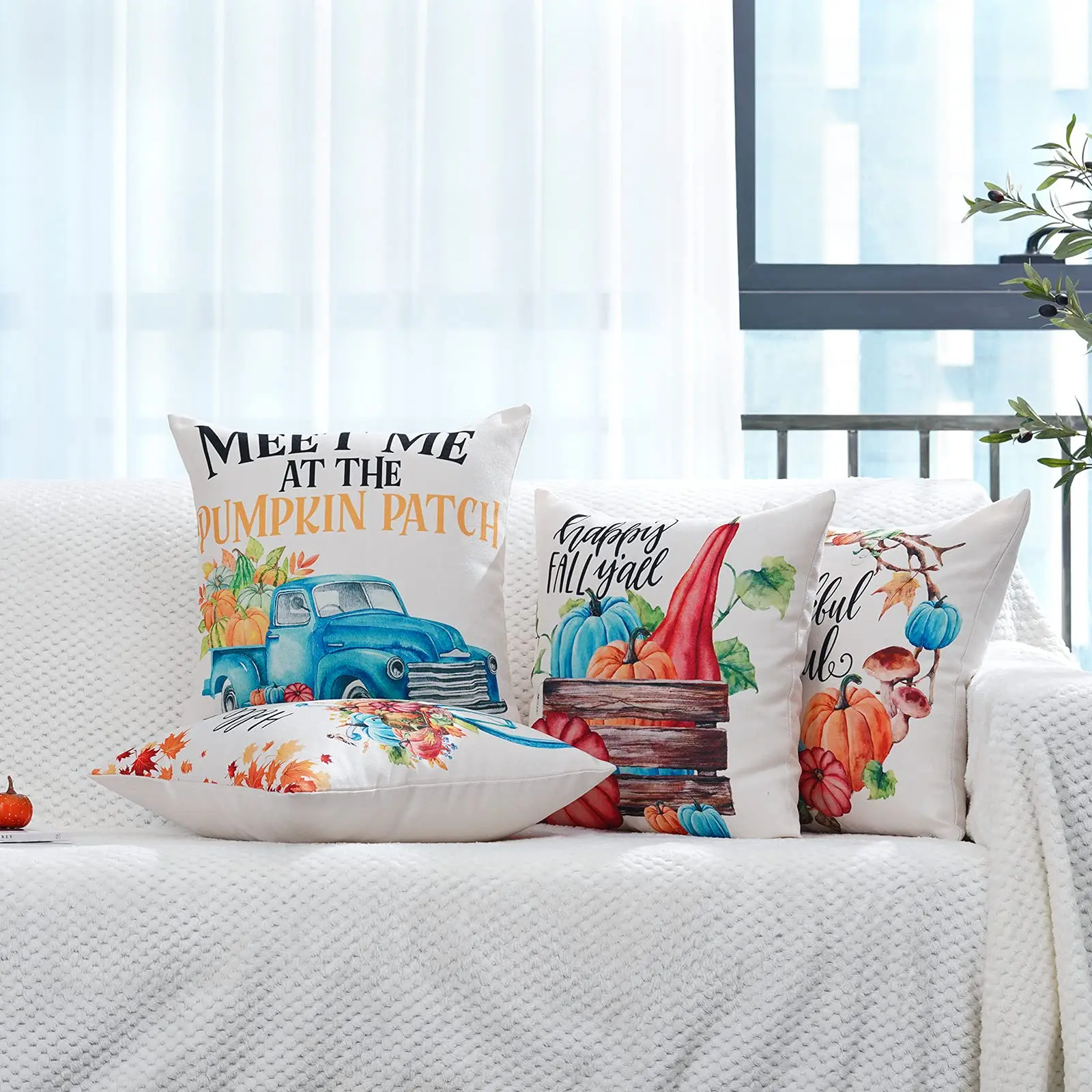 Голубая льняная наволочка с изображением грузовика велосипеда тыквы дивана