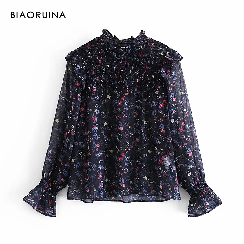 

BIAORUINA женские два отдельных предмета: Топ без рукавов и шифоновая с цветочным принтом; Модная одежда с гофрированным воротником на каждый де...