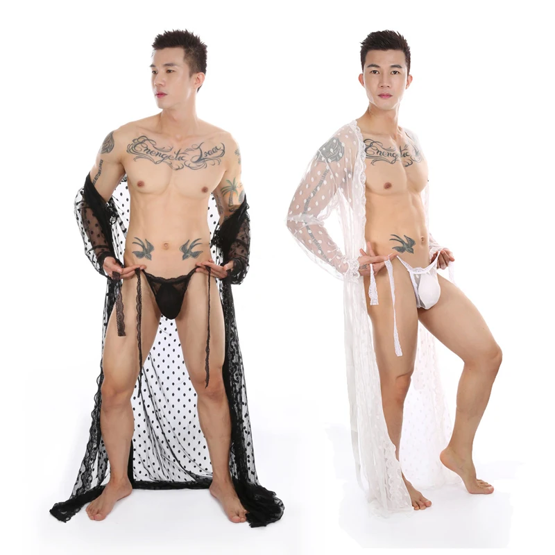 

Hot Sissy Mens Bodysuit Sexy Lace Bathrobe Transparent Thong Set Gay Underwear Men S-2XL
