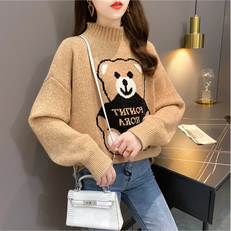 

Spring Autumn Thick Bear Sweater Women 2021 New Fashion Yellow Long Sleeve Loose Casual Pullovers Cartoon Cottagecore Streetwear