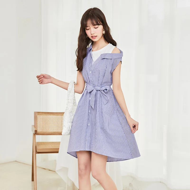 

SEMIR Dress Women Fake Two-Piece Stripe 2021 Summer New Scheming Waist Bow Dresses Lady Sweet