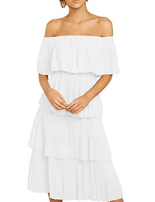 JuneLove Boho Loose Cake Summer Women Dress 2020 Elegant Beach Off Shoulder Holiday Sexy Ruffle Strapless Midi | Женская одежда