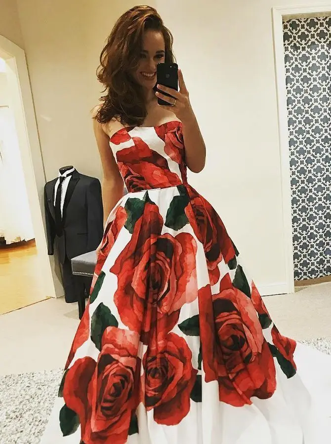 

Платье трапециевидной формы без бретелек с цветочным рисунком для выпускного вечера, выполненное на заказ из ткани с принтом розы, Длинные ...