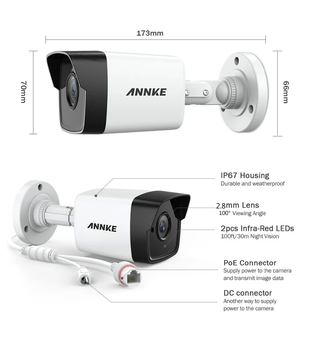 ANNKE, 4 шт., Ультра HD, 5 МП, POE камера, для улицы, для помещений, Погодостойкая, сеть безопасности, пуля, EXIR, ночное видение, электронная почта, оповещение, камера, комплект