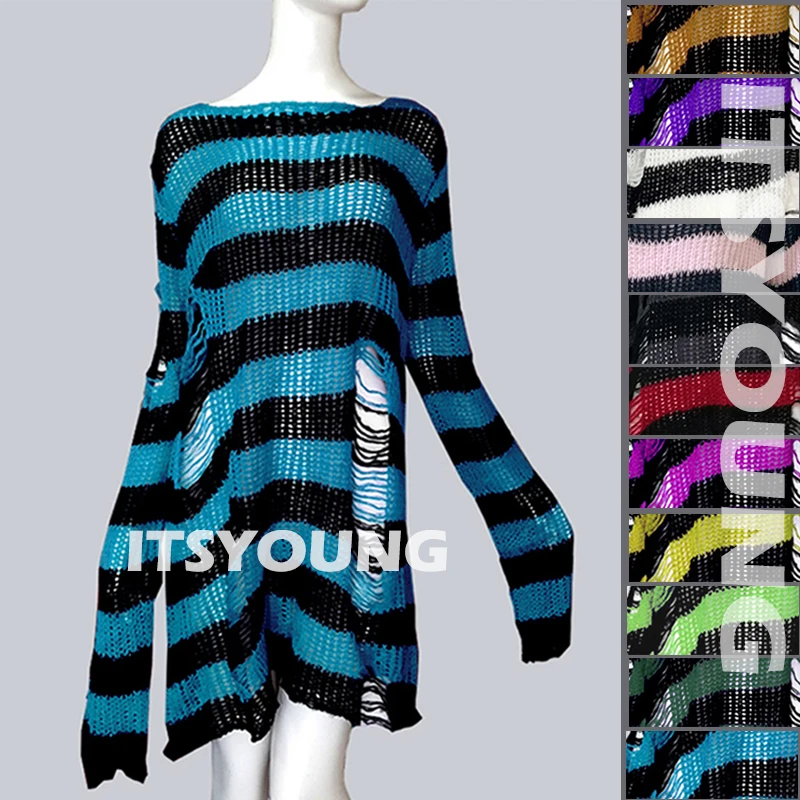 Женский полосатый длинный свитер готический модный хипстерский с разрезом и