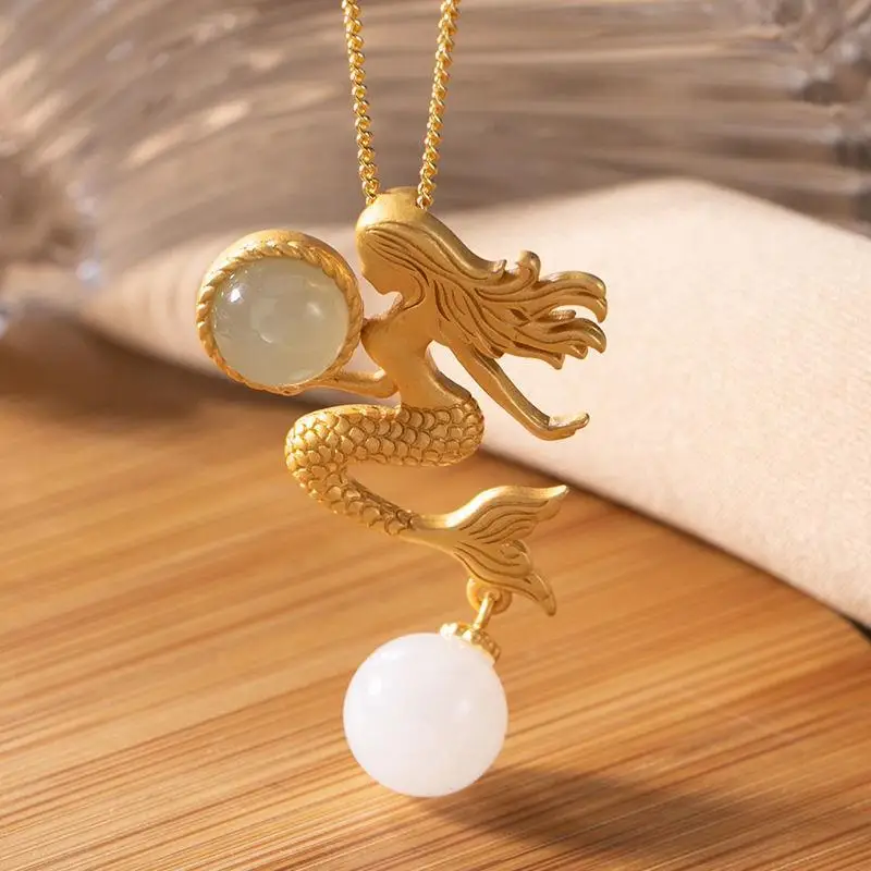 

Mermaid Necklace Female S925 Sterling Silver Fashion Hetian Jade Creative Sweater Chain Pendant Natural Hetian Jade Necklace Fem