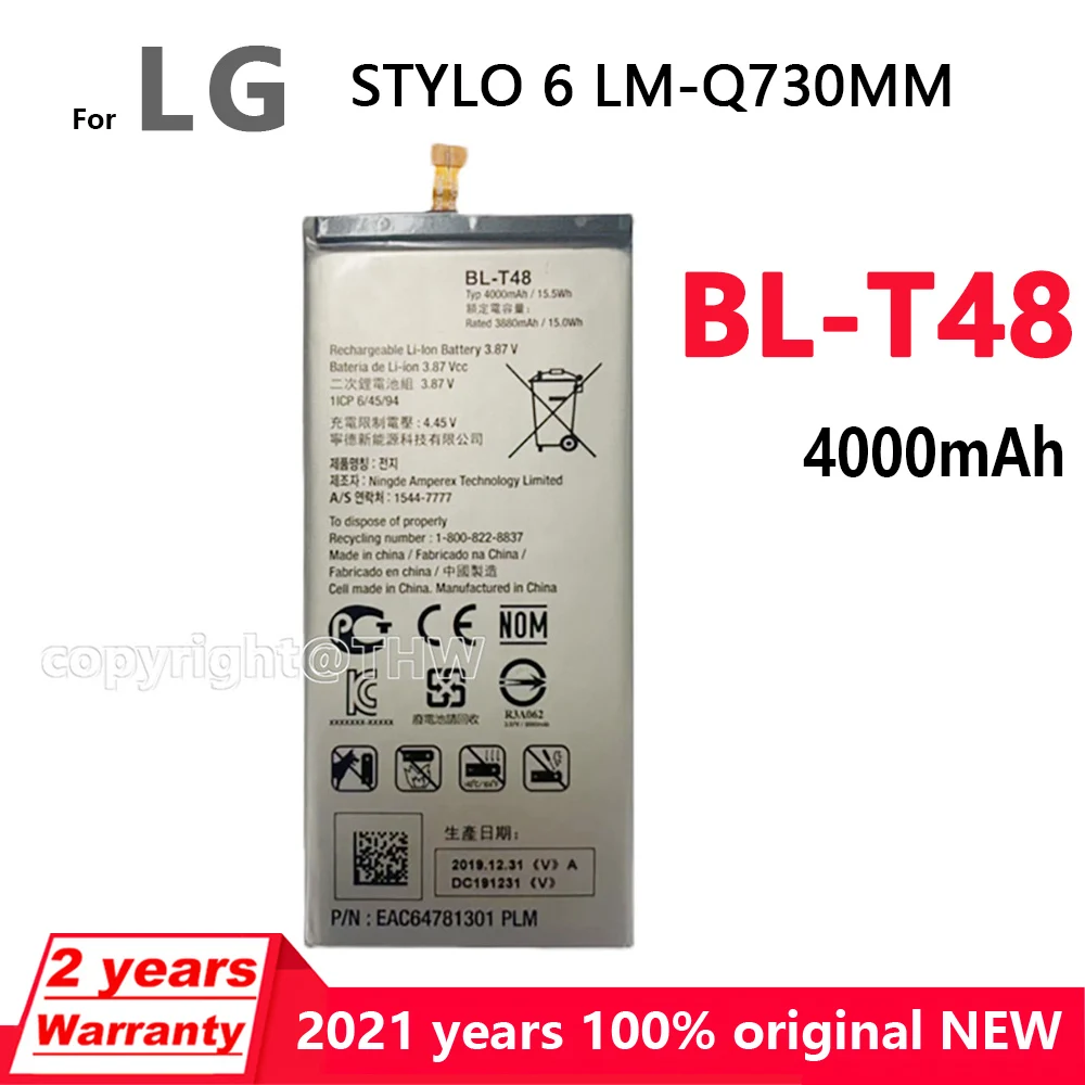 

100% оригинальная деталь, 4500 мАч, литий-ионная батарея для телефона LG STYLO 6, BL-T48 BL T48, с кодом отслеживания