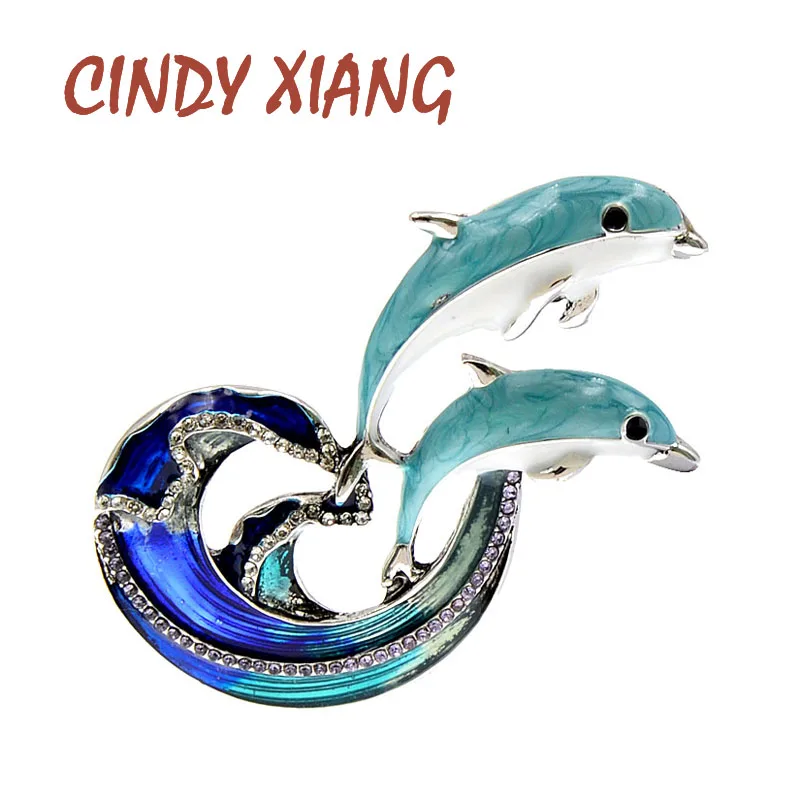 

CINDY XIANG Enamel Jumping From Water Dolphin Brooches For Women Cute Sea Animal Pin Brooch Blue Color Winter Coat Accessories