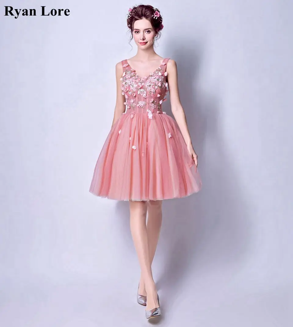 

Розовые коктейльные платья с аппликациями 2020, иллюзионные платья-трапеции без рукавов с V-образным вырезом, короткое платье для выпускного ...