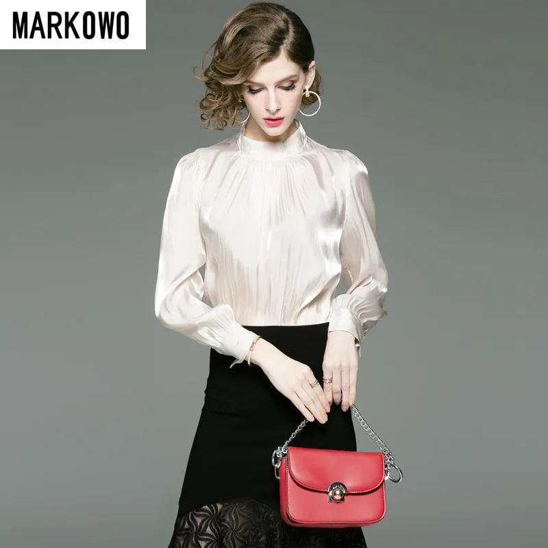 MARKOWO Designer Brand 2019 Spring New Pure Women Crepe Long Sleeve Shirt Loose OL Temperament Commuter Solid Color Shirt